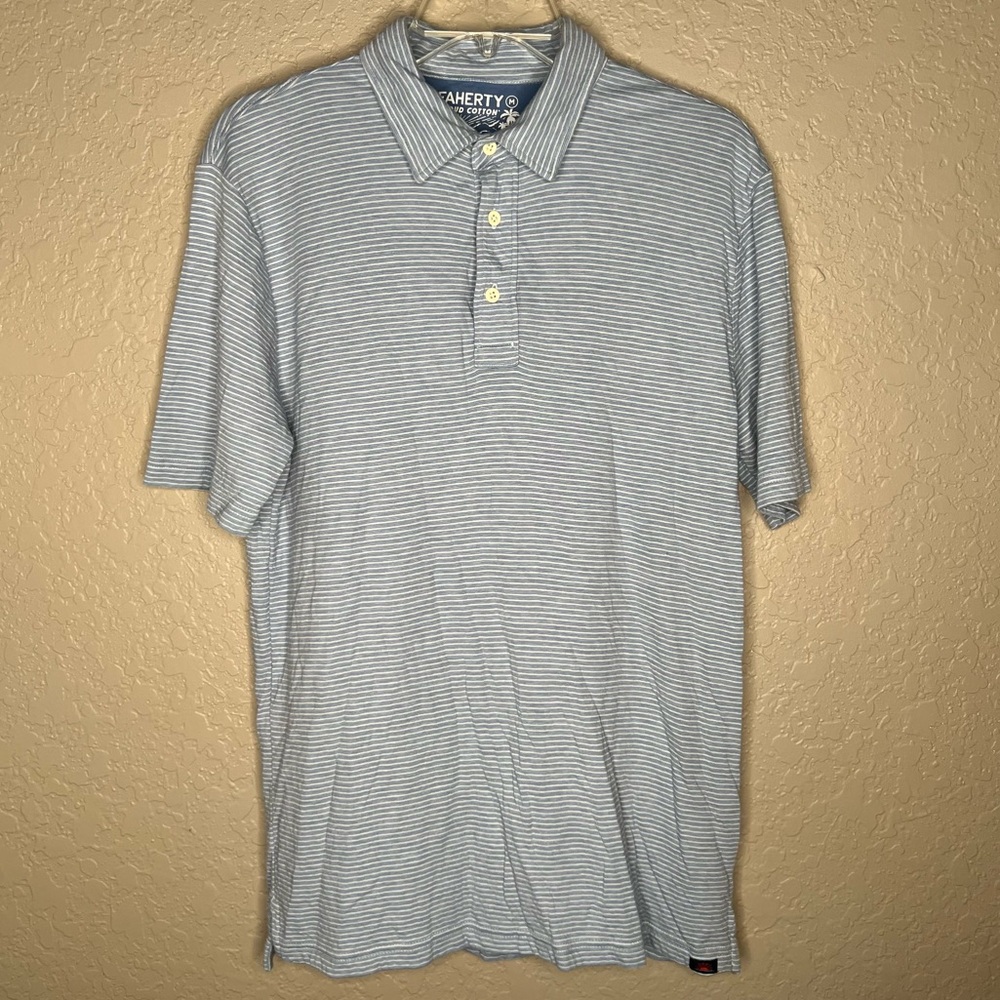 Faherty Men’s Pale Blue & White Mini-Stripe Polo Sz M Beach Summer Vacation